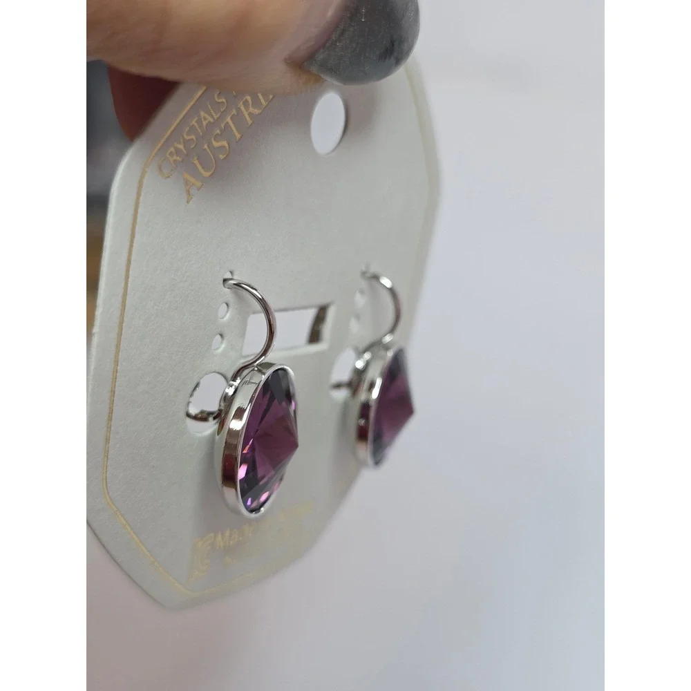 NEW CrystalsAustria Dark PurpleAmethyst 15mm Round LeverbackEarrings PlatinumPl